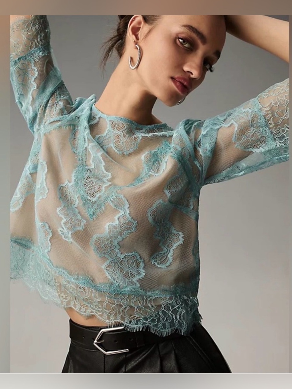 Anthropologie Lace Illusion Tee in Turquoise Blue - L